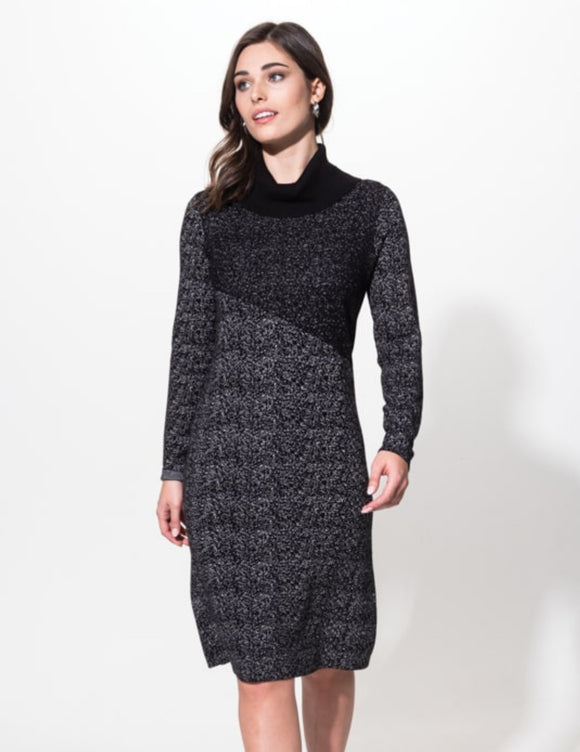 Black/White Cowl Neck Variegated Sweater Dress by Alison Sheri.