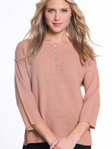 Salmon Henley Hi-Lo Hem, 3/4 Sleeve Drop Shoulder Sweater Top by Multiples.