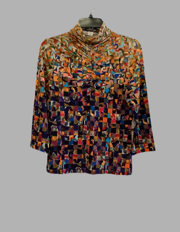Mulitcolored Knit Pullover in Shades of Orange, Red, and Black with Mock Turtleneck and Front Rushing by Dolcezza.