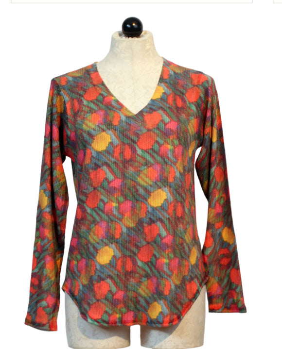 Multi-Colored, Green, Rose, Gold Print, V-Neck, Long Sleeve Brushed Knit Top w/Hi Lo Hem by Nallie and Millie.