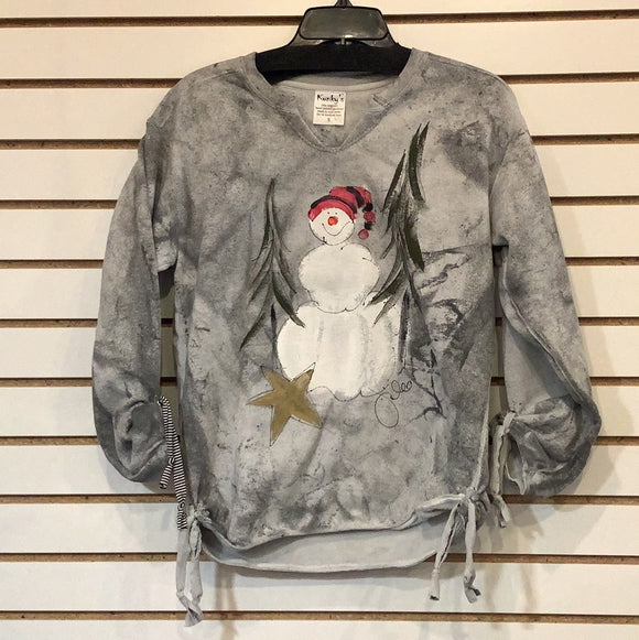 Kunky’s Hand Painted Tye Dye Grey Sweatshirt with Snowman Forest Scene.