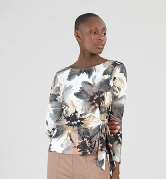 Cream, Rose, Tan  Floral Print Soft Knit, Scoop Neck Long Sleeve Side Tie Top by Clara Sun Woo.