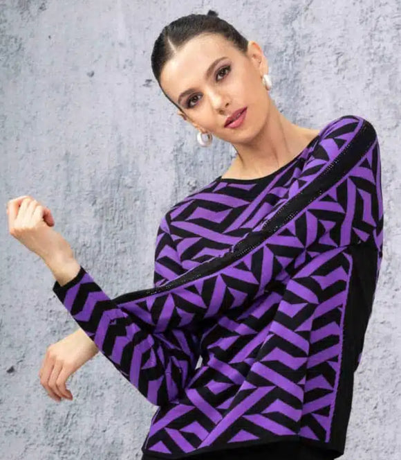 Purple/Black Round Neck, Geographic Design, Long Sleeve with Bling Detail by Alison Sheri.