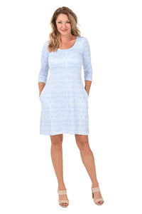 Blue White Geometric Print 3/4 Sleeve Dress w/Round Neck by Tango Mango.