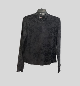 Charcoal Grey Burnout w/Velvet Scattered Pattern, Mock Ruffle High Neck Mesh Long Sleeve Top by Lior