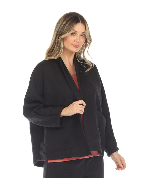 Black Long Sleeve Textured Open Front Cardigan w/Front Pockets by Inoah.