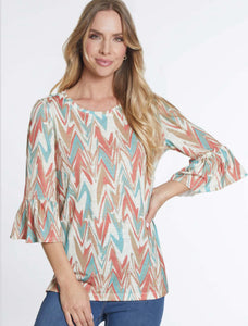 Aqua, Orange,Tan Scooped Neck Geometric Print Top w/ 3/4 Ruffled Sleeve by Multiples.