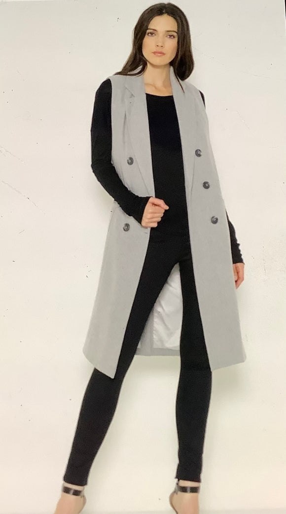 Long Light Gray Sweater Vest with Open Front and Contrasting Black Buttons by Papa