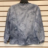 Kunky’s Hand Painted Tye Dye Ocean Blue, Button Front Jacket Style Sweatshirt with Decorative Contrasting Buttons in a Forest Scene.