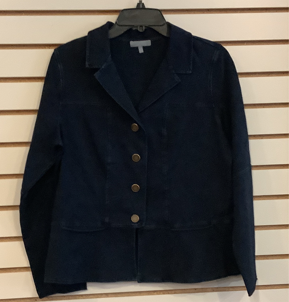 Stonewash Knit Jacket in Dark Denim. Features Brass Buttons, Peplum -Style Hem and Slit Pockets by Habitat