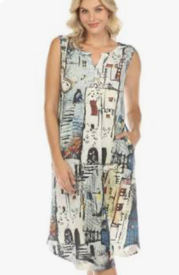 Ivory Knit, Round Neck Sleeveless Midi Length Dress w/ Multi-Colored Musical Theme Print and Side Pockets by Inoah.