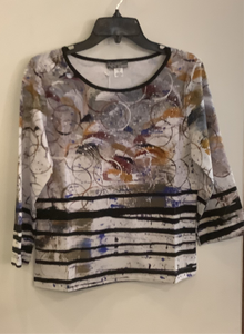Black Multi Colored Mixed Gold, Black, Grey Graphic Print, Round Neck, Top By Dolcezza.