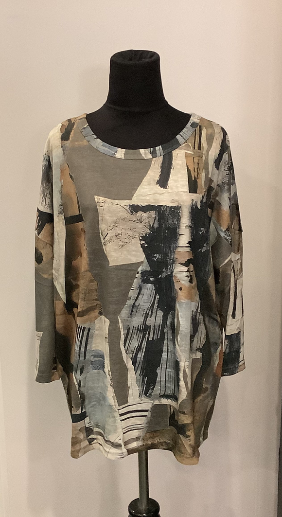 Grey/Creme/Black Graphic Design, Scoop Neck, Dolman Sleeve Lined Top by Shana.