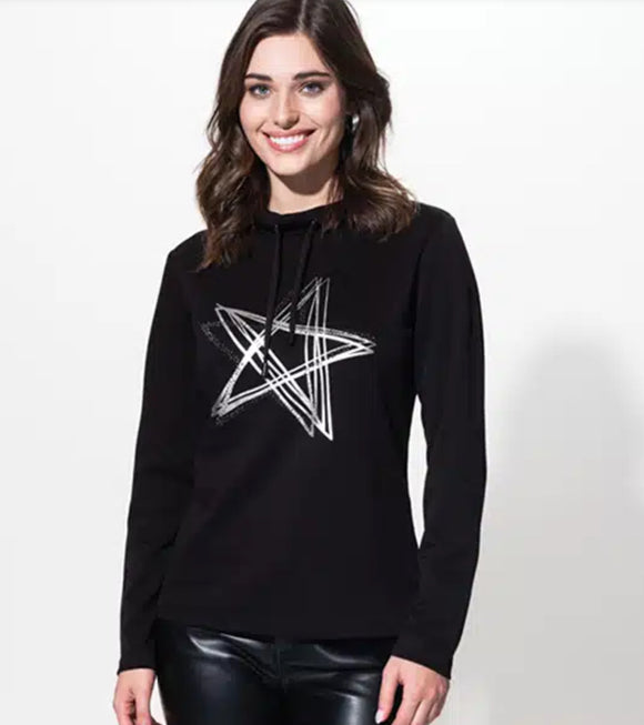 Black Drawstring Cowl Neck Pullover Top w/Silver Embellished Star by Alison Sheri.