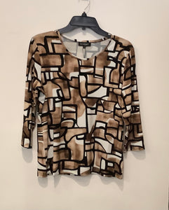 Cream/Black/Gold Scoop Neck, 3/4 Sleeve, Tile Print Top by Sunday.