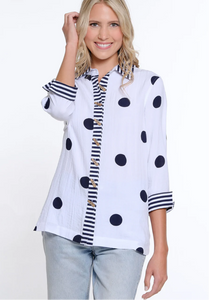 Cuffed 3/4 Sleeve Button Front White Shirt with Navy Dots and Striped Trim by Multiples.