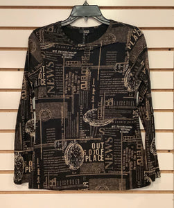 Black/Taupe Postage Print Graphics Double Mesh Top with Long Sleeve and Round Neck by Lior.