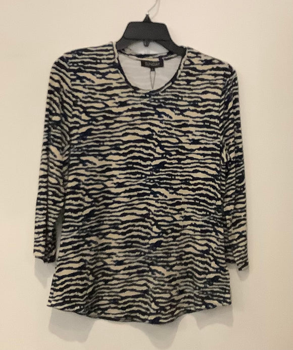 Cream and Navy Scoop Neck, 3/4 Sleeve, Animal Print Top by Sunday.