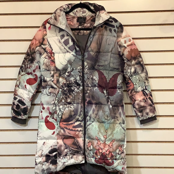 Artistic WaterColor Graphic Design Coat in Tones of Browns, Greens and Blush with Side Pockets and High Low Hem by UBU.