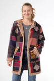 Multi Print Patchwork Fur Lined Hooded Jacket w/Front Pockets by Coco + Carmen.
