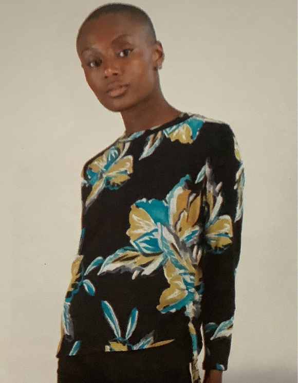 Black, Green, Aqua Soft Knit Floral Print, Scoop Neck Long Sleeve Sweater w/Side Pull Tie by Clara Sun Woo.