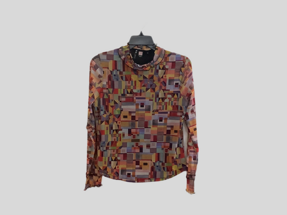 Multi Colored Fall Block Print, Mock Ruffle High Neck Mesh Long Sleeve Top by Lior