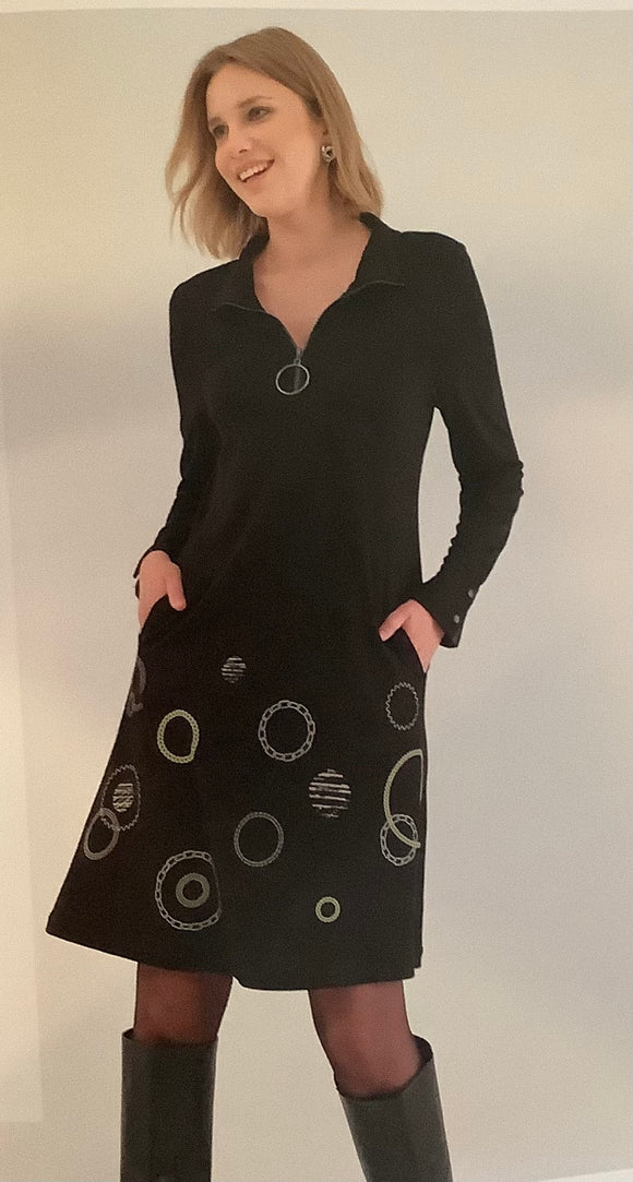 Black Flared, Partial Zipper Mock Collar Dress with Metallic, Lime Green Circles and Side Pockets by Dolcezza.