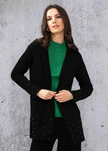 Black Open Front Tunic Length Jacket w/ Stud Detailing on Hem and Sleeves by Alison Sheri.