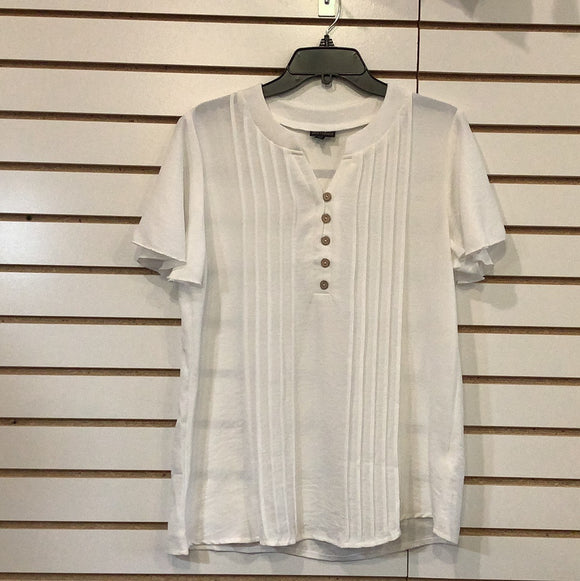 White 5 Button V-Neck, Short Sleeve Blouse with Front Pleats by Coco + Carmen
