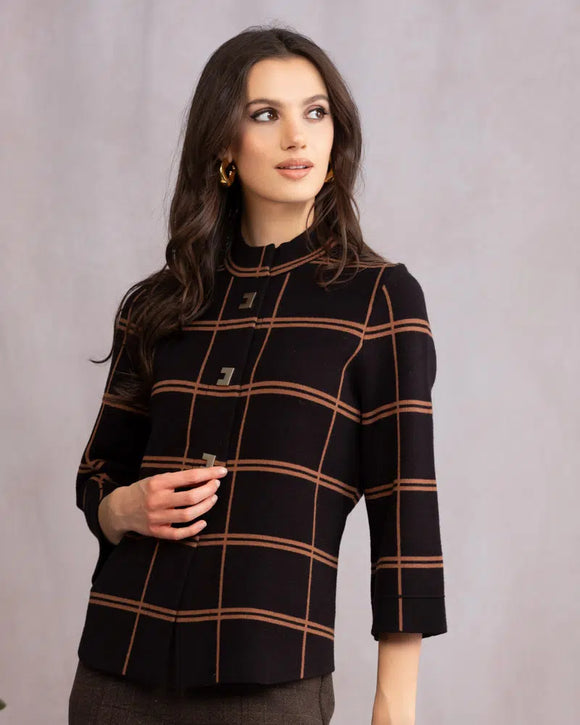 Black w/Carmel Round Stand Up Collar, 3/4 Sleeve, Gold Snap Button Front Sweater/Jacket by Alison Sheri.