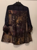 Black/Purple Plaid Rollup-Tabbed Sleeve Blouse w/Tan & Black Contrasting Patch Pocket and Back Panel by Shana.