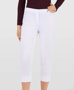 White Textured Pull-On, Slim Fit Capri Pants by Robell.