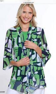 Kelly Green/Navy 3/4 Flare Sleeve, Folded Band Collar, Open Front Jacket by Multiples.