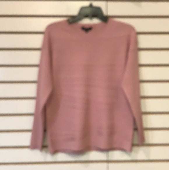 Pink Round Neck Knit Sweater w/Horizontal Ribbing by Sunday