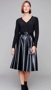 Black Long Sleeve, V-Neck, Belted Dress with Faux Leather Skirt by Compli K.