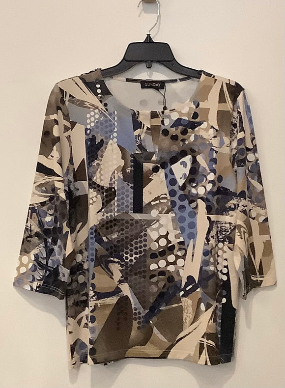 Cream/Blue/Gold Scoop Keyhole Neck, 3/4 Sleeve, Graphic Print Top by Sunday.