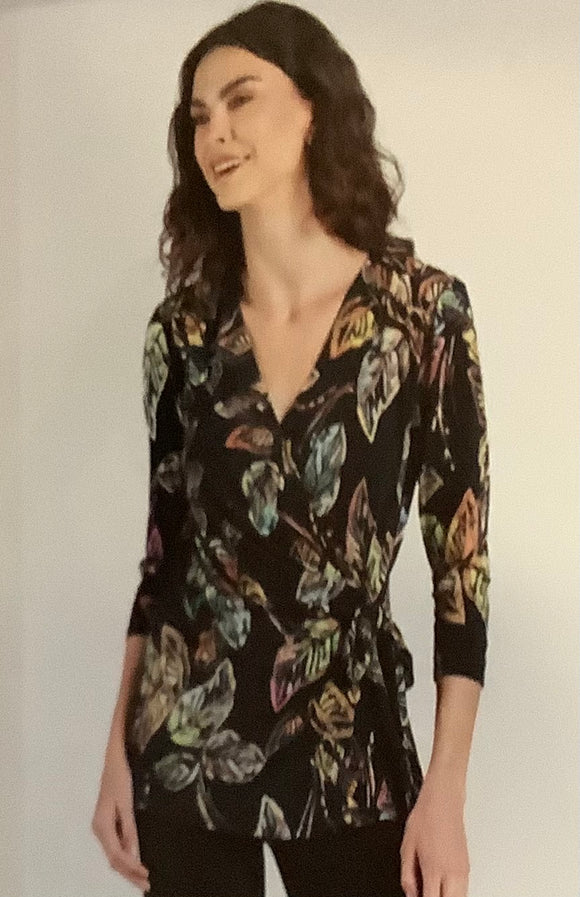 Black V-Neck, Side Tie, 3/4 Sleeve Tunic w/Fall Leaf Motif by Clara Sun Woo. Made in the USA.