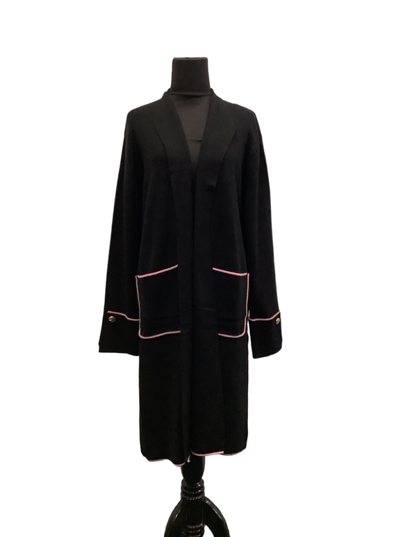 Black Long Sleeve Mid Length Cardigan w/Pink Trim on Sleeves and Front Pocket by Orly.