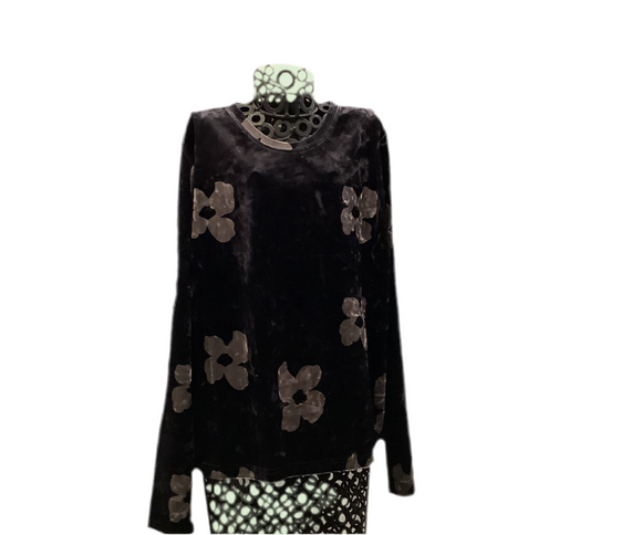 Crushed Velvet Mesh, 3/4 Sleeve,Round Neck Top w/Grey Floral by Lior.