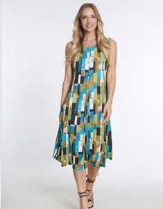 Turquoise Gold Block Print, Round Neck, Sleeveless, Flared Panel Dress by Multiples.