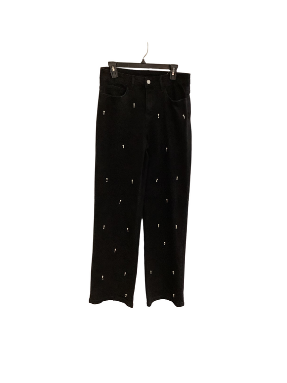 Black Denim Zip Front Jeans w/ Front, Back Pockets and Scattered Pearl Accents by Orly.