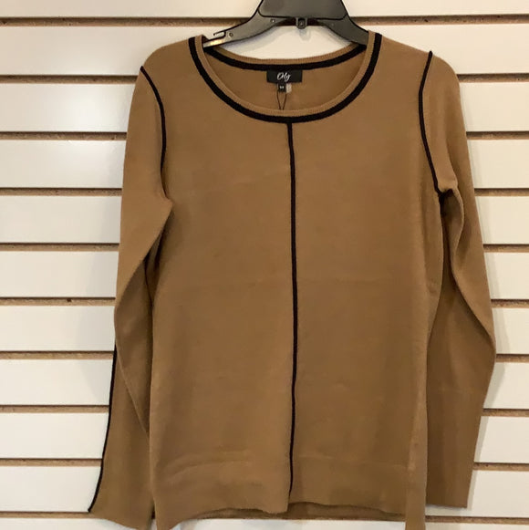 Camel Round Neck, Long Sleeve Sweater trimmed in Black by Orly.
