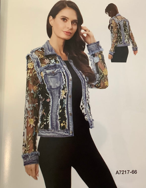 Denim Jacket w/Embroidered Black Mesh Pastel Floral on Sleeves and Jacket by Adore.