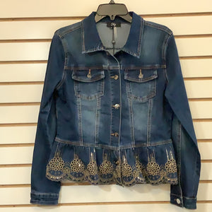 Dark Denim Jean Jacket w/Ruffle Bottom w/ Gold Bling and Gold Stitching by Orly