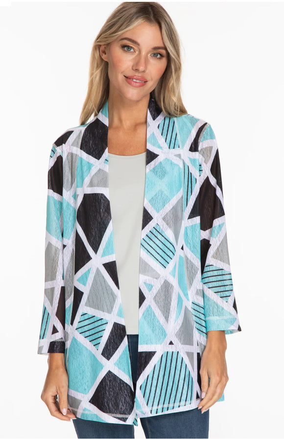 Aqua/Grey/White Band Collar, Geometric Print w/ 3/4 Sleeve, Open Front Jacket by Multiples.