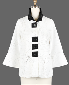 Crinkle Pattern White with Subtle Black Veining and Black Trim, 3/4 Sleeve Jacket w/Stand up Wired Collar by Damee.