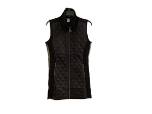 Black Draw String Neck, 3/4 Length Quilted Vest w/ Black and White Chevron Side Accent and Zippered Pockets By Dolcezza.