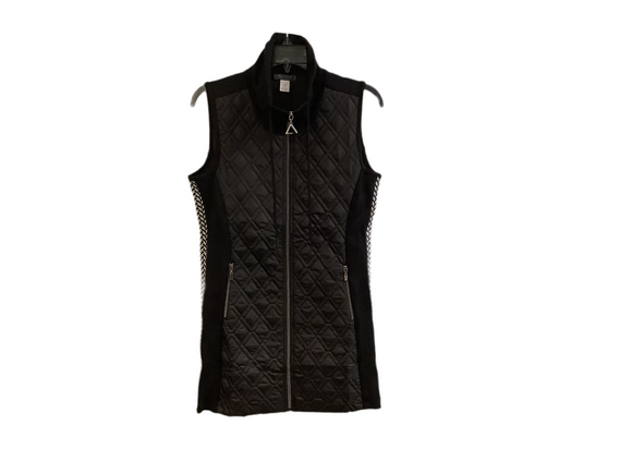 Black Draw String Neck, 3/4 Length Quilted Vest w/ Black and White Chevron Side Accent and Zippered Pockets By Dolcezza.