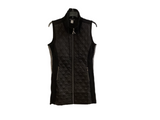 Black Draw String Neck, 3/4 Length Quilted Vest w/ Black and White Chevron Side Accent and Zippered Pockets By Dolcezza.