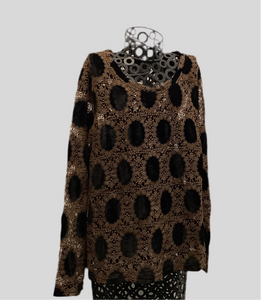 Taupe Lace with Black Velvet Dot, Round Neck, Long Sleeve Top by Lior.